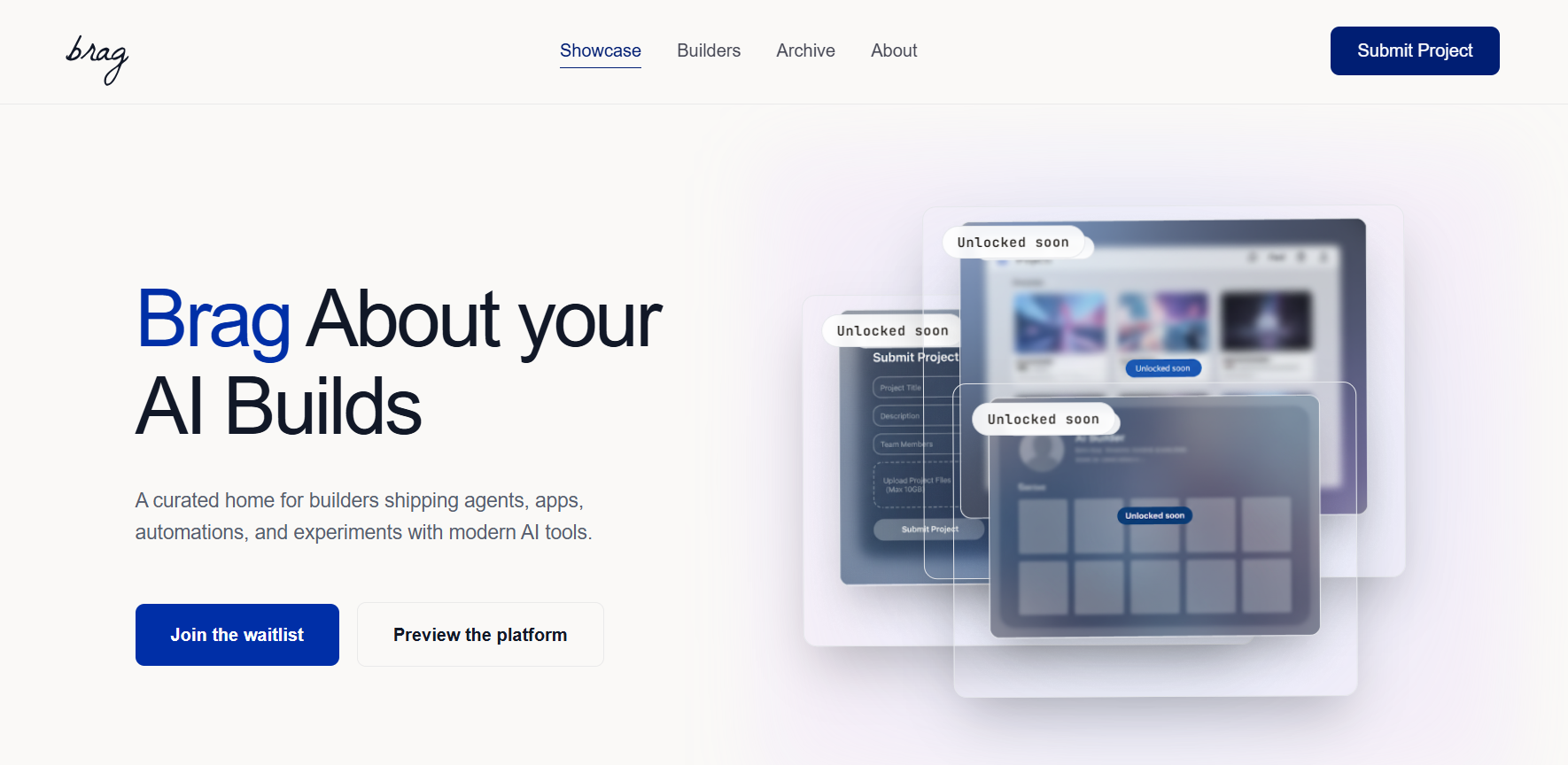 Brag's calm, gallery-grade landing page featuring the Klein Blue vital. tile.